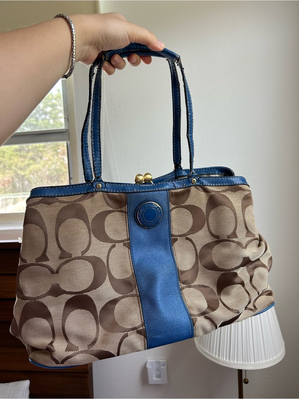 Vintage Rare Coach Tan Signature “C”Jaquard Carryall Tote with Blue Leather Trim
